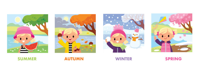 Four pictures with seasons of the year. Girl spares time outside. Landscape with tree and river. Summer, autumn, winter, spring.