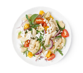 Plate of tasty pasta salad with tomatoes and arugula on white background