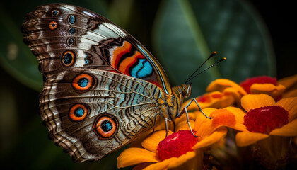 Vibrant butterfly wing showcases natural beauty in multi colored pattern generated by AI
