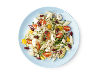 Plate of tasty pasta salad with tomatoes and beans on white background