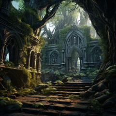 Ancient ruins in the dense forest. High quality illustration