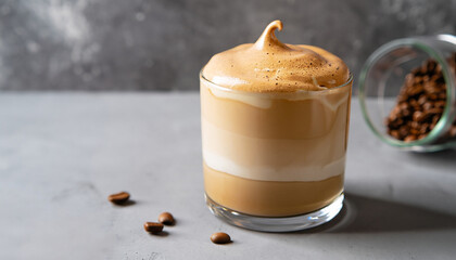 Dalgona frothy coffee in glass on grey. Trend korean drink latte with foam of instant coffee. Close up.