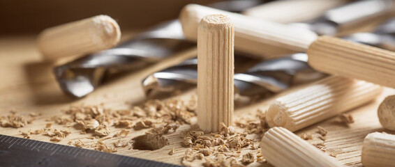 hole in wooden oak board for wooden dowel. carpentry industry.