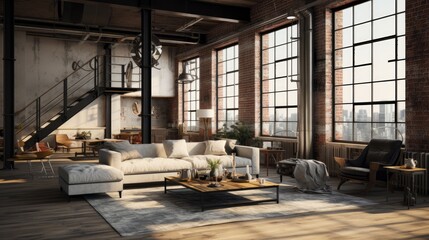 Fototapeta na wymiar living room loft industrial style 3d