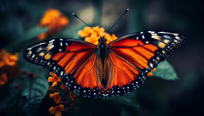 Fototapeta premium Vibrant monarch butterfly displays multi colored wings amidst natural beauty generated by AI