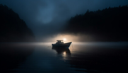 Tranquil yacht sails through mysterious fog on calm waters generated by AI