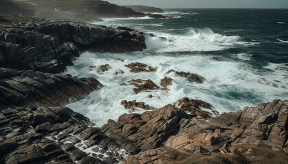 Obraz premium Rough surf crashes against cliff, natural beauty at Big Sur generated by AI