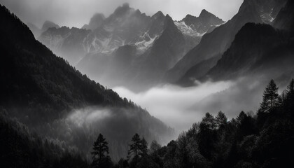 Majestic mountain range, tranquil scene, ominous weather, mysterious atmosphere generated by AI