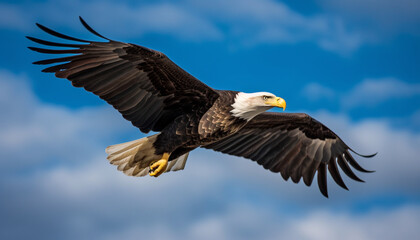 Obraz premium Majestic bald eagle spreads wings in mid air, soaring with freedom generated by AI