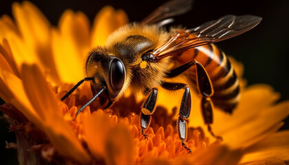 Busy honey bee picking up pollen from single flower generated by AI
