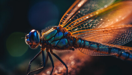 Dragonfly resting on leaf, vibrant wings showcase nature beauty generated by AI