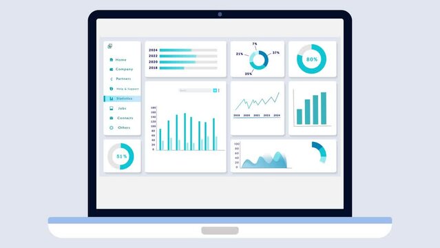 Statistical Website Dashboard on Laptop screen with Blue Graphs, Diagrams and Charts. Neumorphic User Interface  of Business Data and Analytics. Animation Template