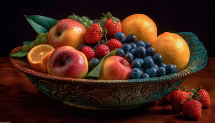 Fresh organic fruit bowl with ripe strawberries, raspberries, and blueberries generated by AI