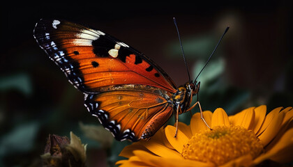 Vibrant butterfly pollinates yellow flower in tranquil nature scene generated by AI