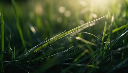 Soft focus sunset highlights vibrant green grass in dewy meadow generated by AI