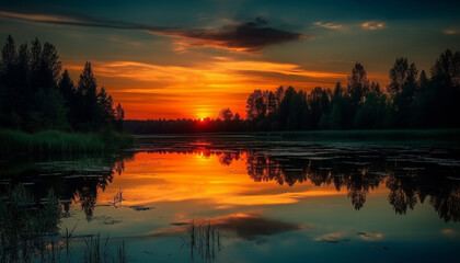 Obraz premium Tranquil sunset reflects beauty in nature over serene pond meadow generated by AI