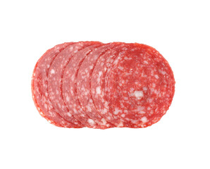 Slices of tasty salami isolated on white background