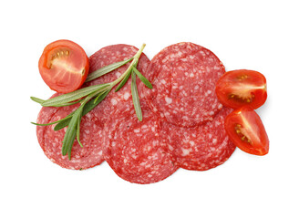 Slices of tasty salami and tomatoes isolated on white background