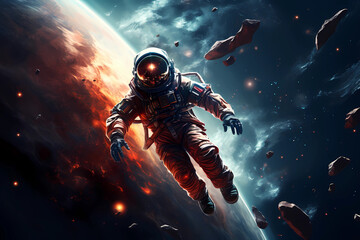An astronaut floating in space with a collapsing world behind him