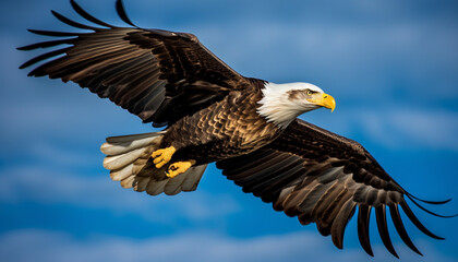 Fototapeta premium Bald eagle flying with spread wings, majestic beauty in nature generated by AI