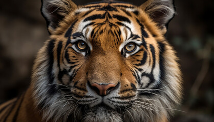 Obraz premium Majestic tiger staring with aggression, beauty in nature tranquility generated by AI