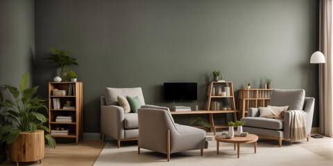 Luxury living room in house with modern interior design, green velvet sofa, coffee table,