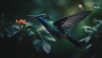 Fototapeta premium Hovering hummingbird spreads iridescent multi colored wings in mid air pollination generated by AI