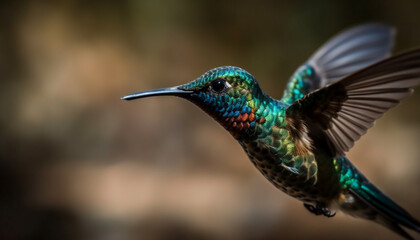 Obraz premium Vibrant rufous hummingbird hovers mid air, pollinating with iridescent feathers generated by AI