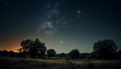 Fototapeta na wymiar Tranquil star field illuminates nature beauty in panoramic landscape generated by AI