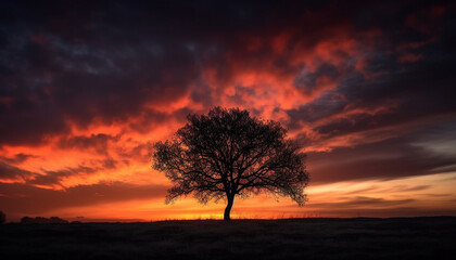 Fototapeta na wymiar Tranquil sunset silhouettes tree in vibrant orange autumn landscape generated by AI
