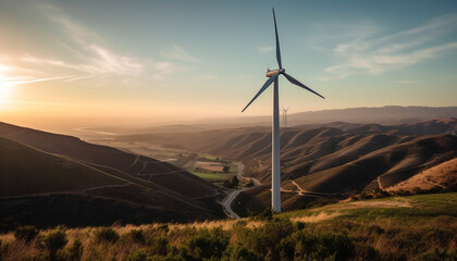 Obraz premium Wind turbines spinning, generating fuel free power for sustainable development generated by AI