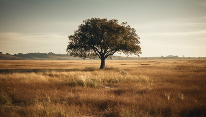 Fototapeta premium Tranquil sunset silhouettes wheat field horizon in rural landscape generated by AI
