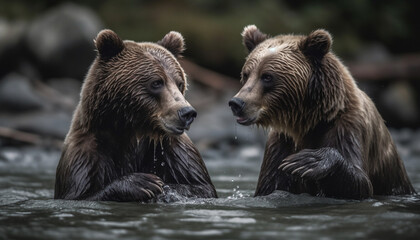 Obraz premium Playful panda and grizzly bear confront in tranquil wildlife reserve generated by AI