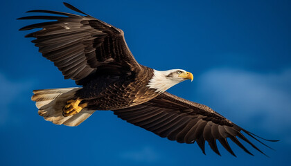 Fototapeta premium Majestic bird of prey, the bald eagle, spreads wings mid air generated by AI