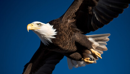 Fototapeta premium Bald eagle flying majestically with spread wings in clear sky generated by AI