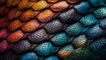 Vibrant animal skin pattern, close up of multi colored snake scales generated by AI