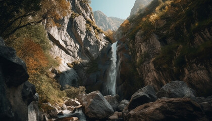 Majestic mountain range, tranquil scene, flowing water, natural beauty generated by AI