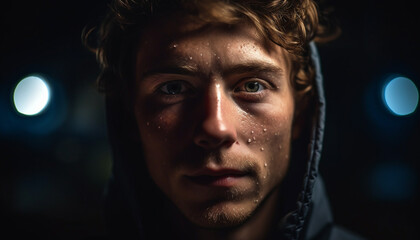 Young adult male athlete smiling in the rain at night generated by AI