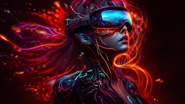 Illustration of a woman with VR headset exploring the metaverse. Abstract infinity loop video