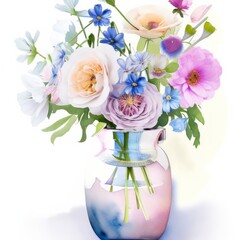 Watercolor bouquet of flowers in a vase