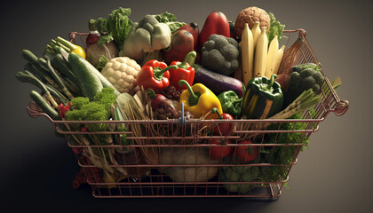 Fresh organic vegetables and fruits in a colorful grocery basket generated by AI