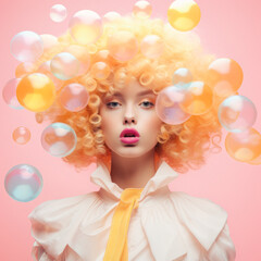 Portrait of a young beautiful girl with pastel yellow hair on a pastel pink background surrounded by soap bubbles. Generative AI.