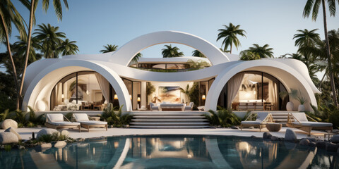 Obraz na płótnie Canvas Luxury beach house with swimming pool in modern design. Generative AI