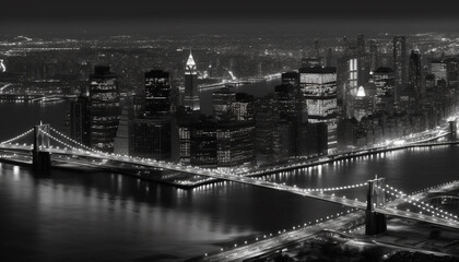 Black and white cityscape illuminated by street lights at dusk generated by AI