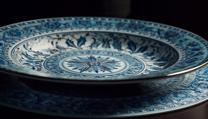 Ornate blue pottery bowl with floral pattern, an antique souvenir generated by AI