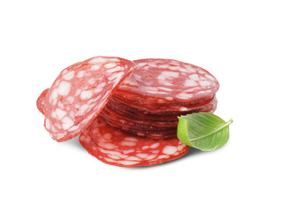 Slices of tasty salami on white background