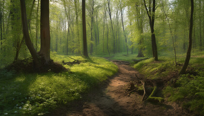 Tranquil scene of a forest footpath, surrounded by green trees generated by AI