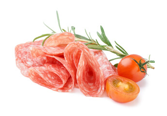 Slices of tasty salami on white background