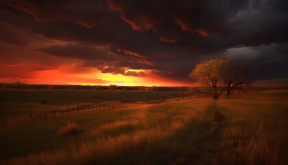 Naklejka na ściany i meble Moody sky silhouettes tranquil landscape, orange sun sets over meadow generated by AI