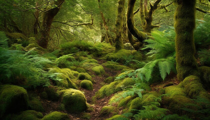 Tranquil scene of ancient ferns and trees in tropical rainforest generated by AI